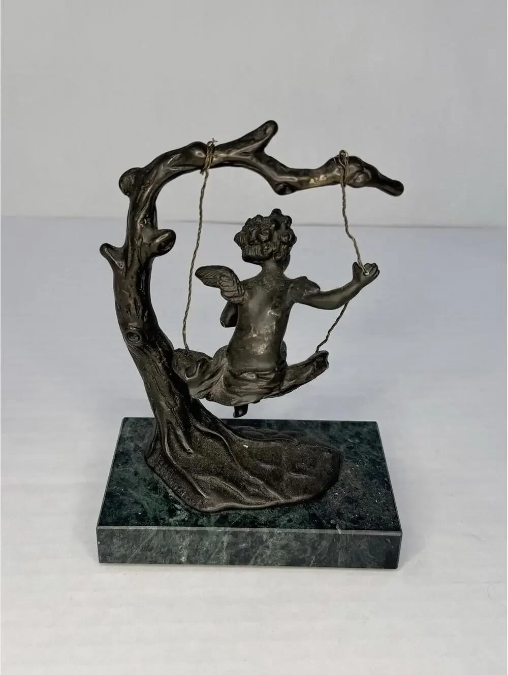 Auguste Moreau Bronze Cherub on Swing Sculpture – Green Marble Base, Signed - Picture 2 of 8